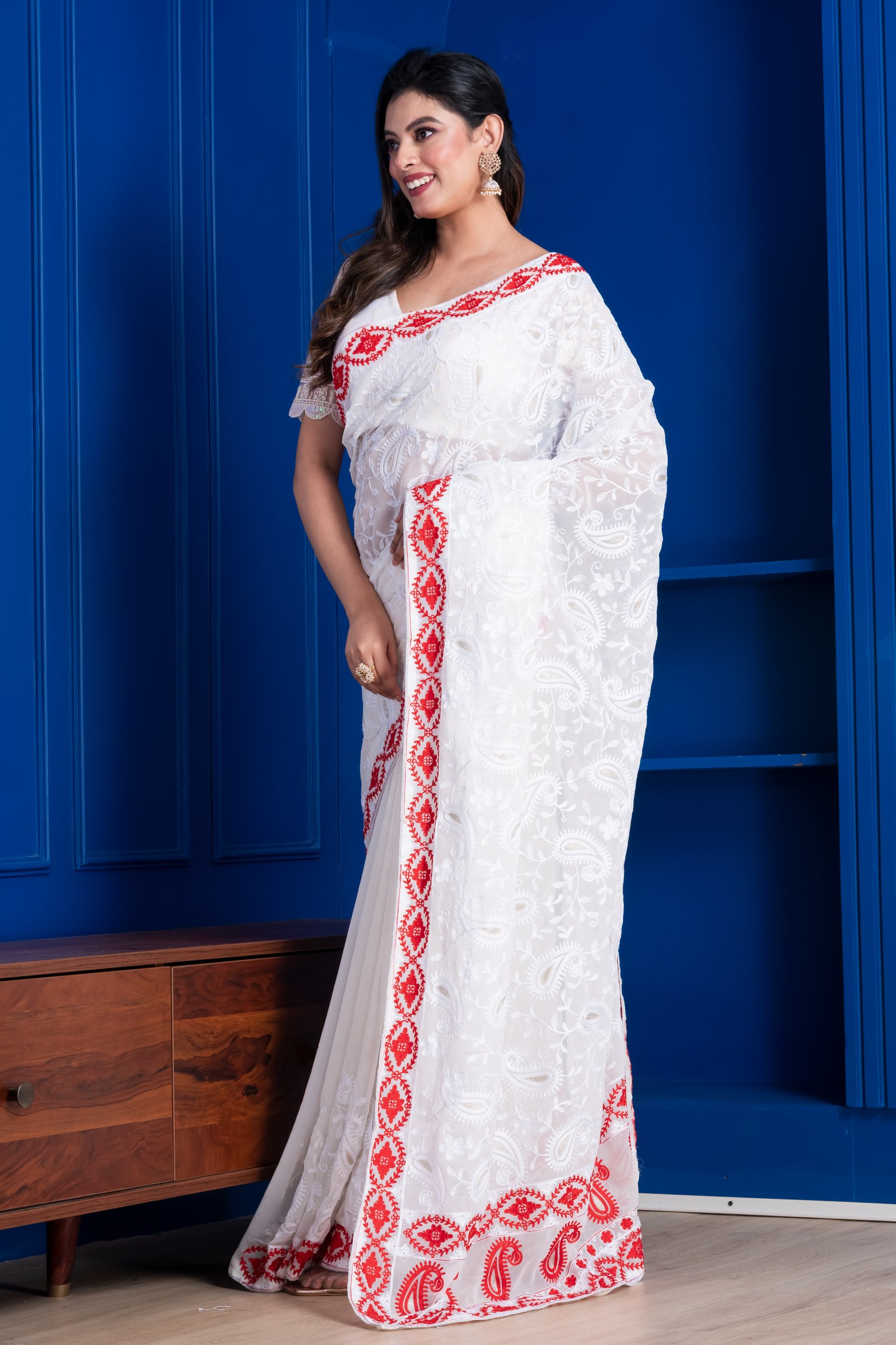 DESIGNER SAREE CHIKAN KARI WHITE/RED ALL OVER WORK